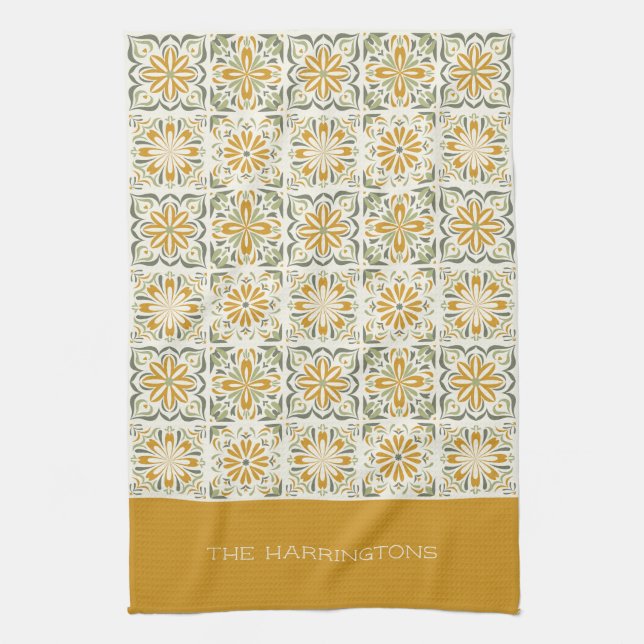 Custom Name Portugese Tiles Pattern Tea Towel (Vertical)