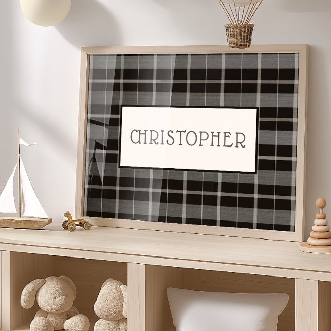 Custom Name Poster Gray Black Plaid Boys Nursery (Creator Uploaded)