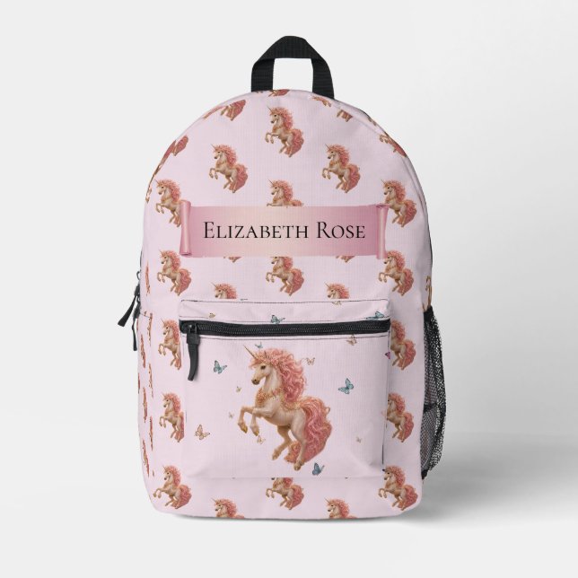 Custom Name Prancing Unicorn Enchanted Meadow Printed Backpack (Front)