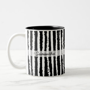 Custom Name Preppy Black White Striped Two-Tone Coffee Mug
