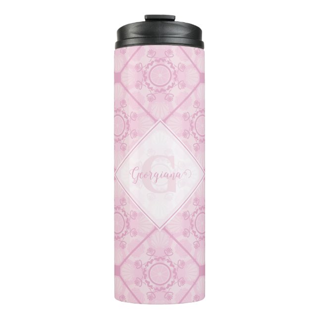 Custom Name Preppy In Pink Mandala Diamond Tiled Thermal Tumbler (Front)