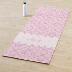 Custom Name Preppy In Pink Mandala Diamond Tiled Yoga Mat