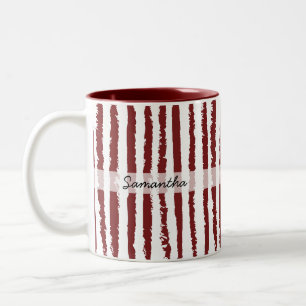 Custom Name Preppy Maroon Striped Two-Tone Coffee Mug