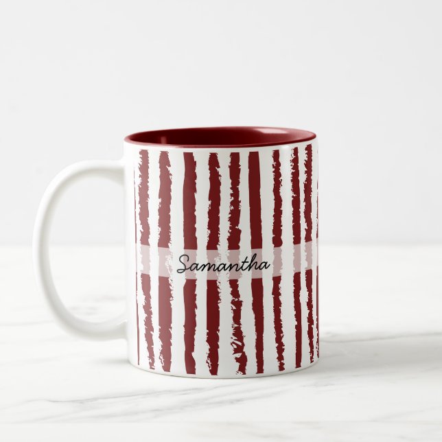 Custom Name Preppy Maroon Striped  Two-Tone Coffee Mug (Left)
