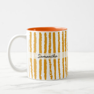 Custom Name Preppy Orange Striped Two-Tone Coffee Mug