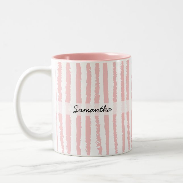 Custom Name Preppy Pink Striped  Two-Tone Coffee Mug (Left)
