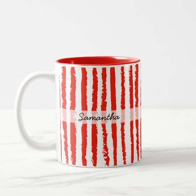 Custom Name Preppy Red Striped  Two-Tone Coffee Mug (Left)