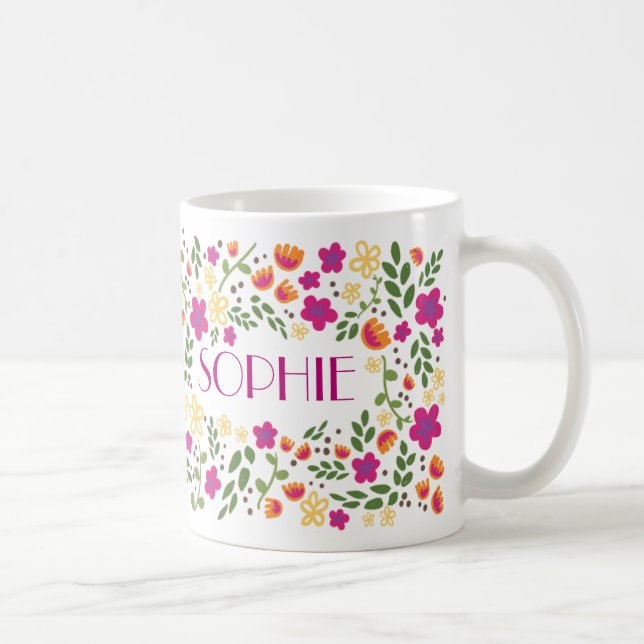 Custom Name Pretty Colourful Girly Floral Mug (Right)