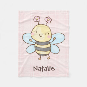 Custom name pretty litlle bee flying happily pink fleece blanket