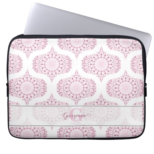 Custom Name Pretty Pink 70s Confetti Lace Mandala Laptop Sleeve (Front)