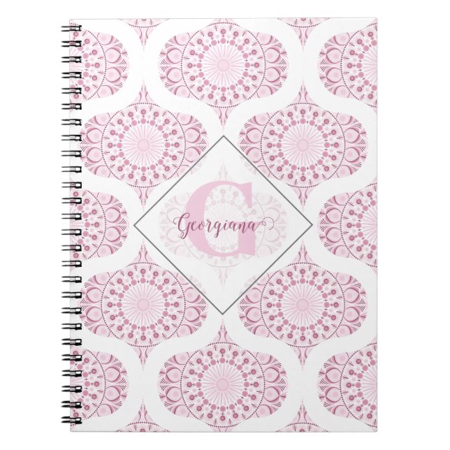 Custom Name Pretty Pink 70s Confetti Lace Mandala Notebook (Front)