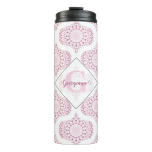Custom Name Pretty Pink 70s Confetti Lace Mandala Thermal Tumbler