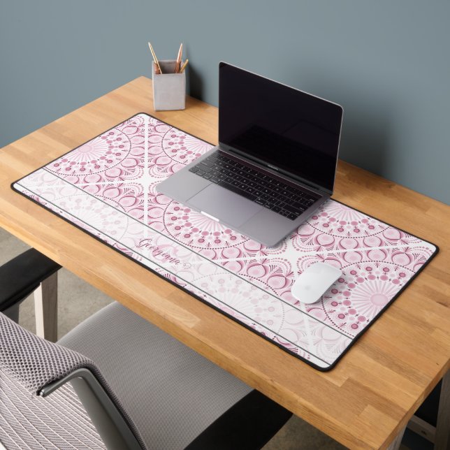 Custom Name Pretty Pink Confetti Lace Mandala Tile Desk Mat (Office 2)