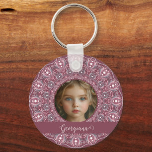 Custom Name Pretty Pink Floral Mandala Photo Frame Key Ring