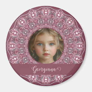 Custom Name Pretty Pink Floral Mandala Photo Frame Magnet