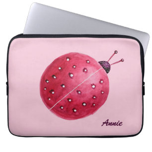 Custom Name Pretty Pink Watercolor Ladybug Kids Laptop Sleeve