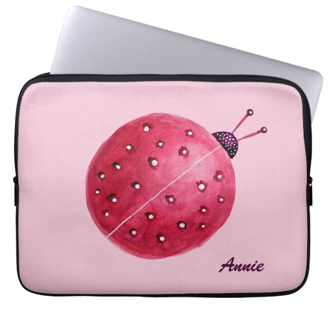 Custom Name Pretty Pink Watercolor Ladybug Kids Laptop Sleeve (Front)