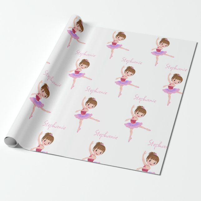 Custom Name Pretty Pink & White Ballerina Wrapping Paper (Unrolled)