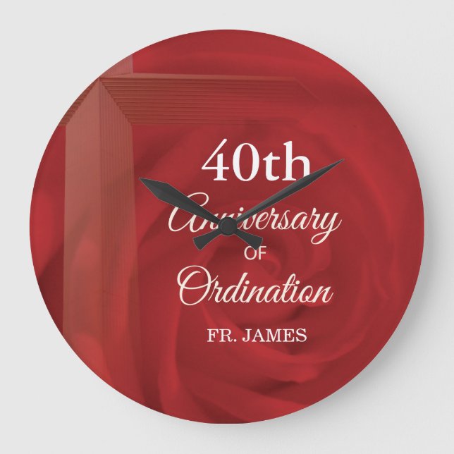 Custom Name Priest Anniversary Ordination Red Rose Large Clock (Front)