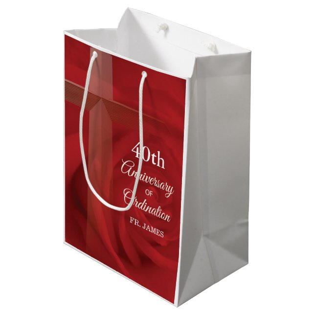 Custom Name Priest Anniversary Ordination Red Rose Medium Gift Bag (Front Angled)