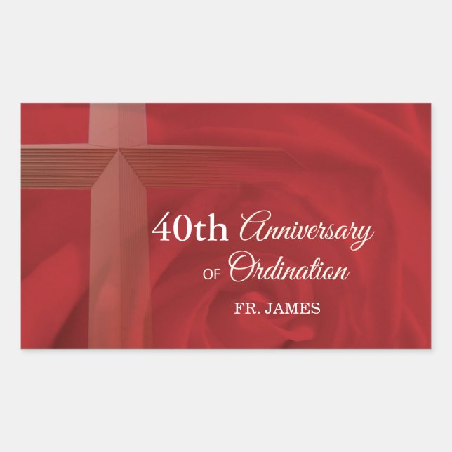 Custom Name Priest Anniversary Ordination Red Rose Rectangular Sticker (Front)