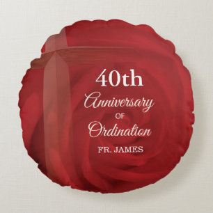 Custom Name Priest Anniversary Ordination Red Rose Round Cushion
