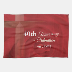 Custom Name Priest Anniversary Ordination Red Rose Tea Towel
