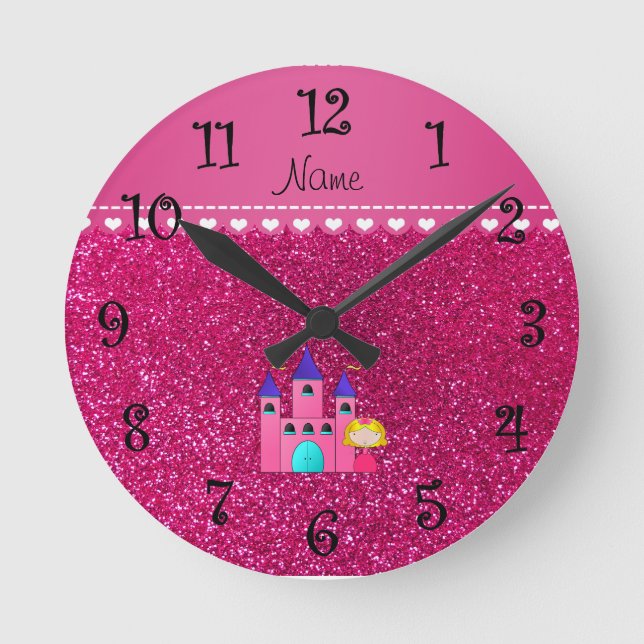Custom name princess castle neon hot pink glitter round clock (Front)
