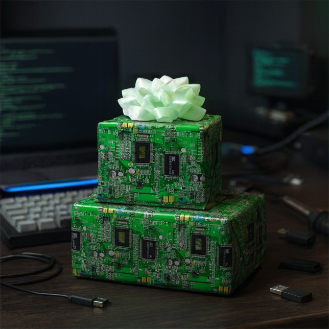 Custom Name Printed Circuit Pattern - Green Geeky Wrapping Paper (Creator Uploaded)