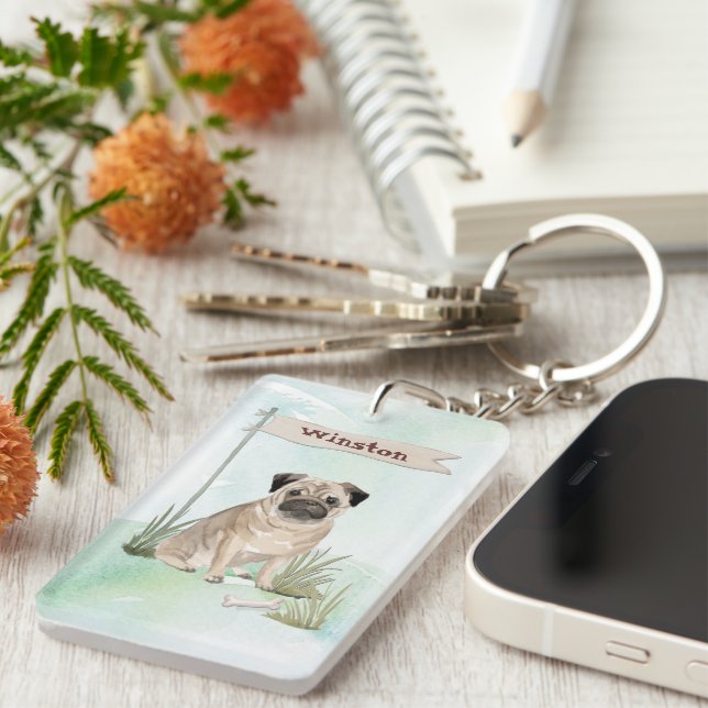 Custom Name Pug Pet Dog Key Ring (Front Right)