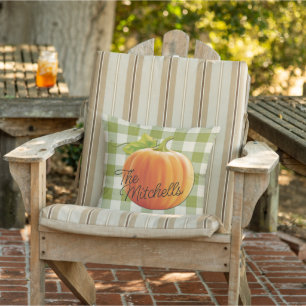 Custom Name Pumpkin Autumn Green Gingham Pattern Cushion
