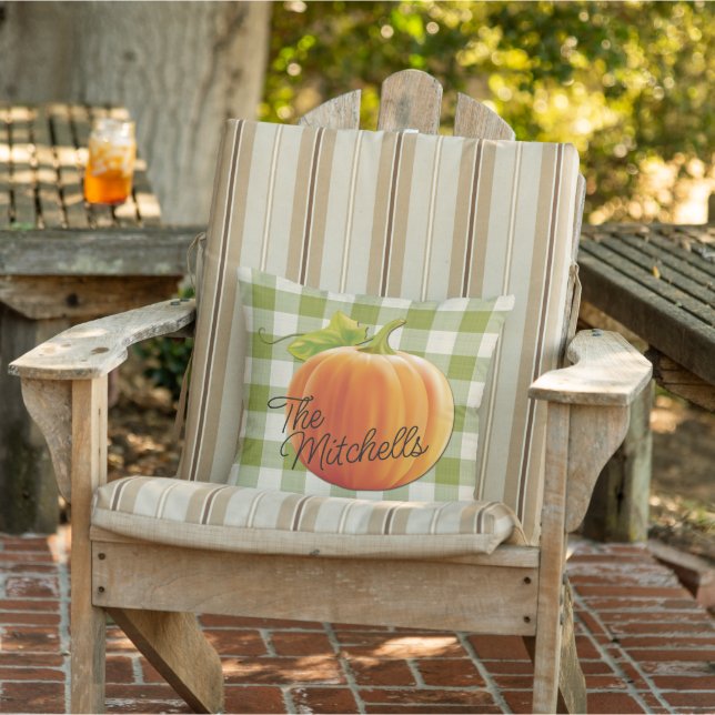 Custom Name Pumpkin Autumn Green Gingham Pattern Cushion (Chair)