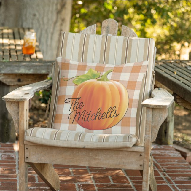 Custom Name Pumpkin Fall Orange Gingham Pattern Cushion (Chair)