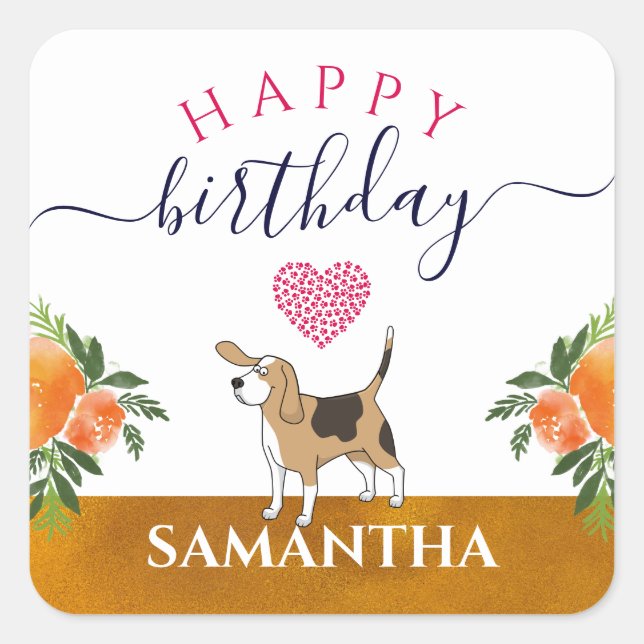 Custom Name Puppy/Paw Prints Floral Happy Birthday Square Sticker (Front)
