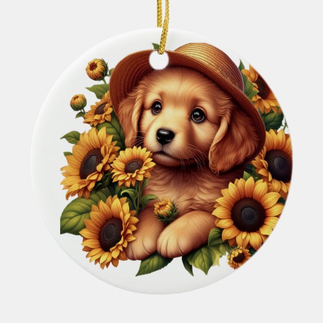 Custom name puppy wearing a hat sunflowers  ceramic ornament (Front)