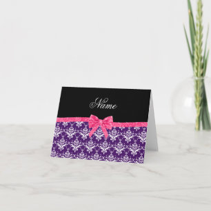 Custom name purple damask pink glitter bow note card