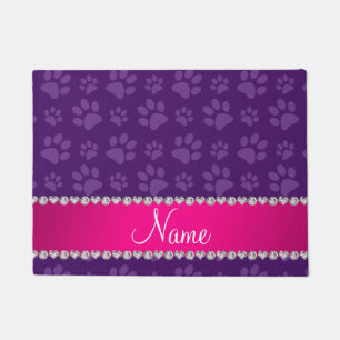 Custom name purple dog paw prints pink stripe doormat