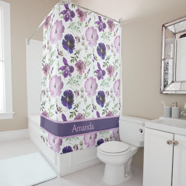 Custom Name Purple Floral Pattern Elegant Bath Shower Curtain (In Situ)