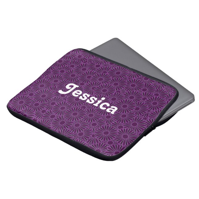 Custom name purple flowers on black laptop sleeve (Front Top)