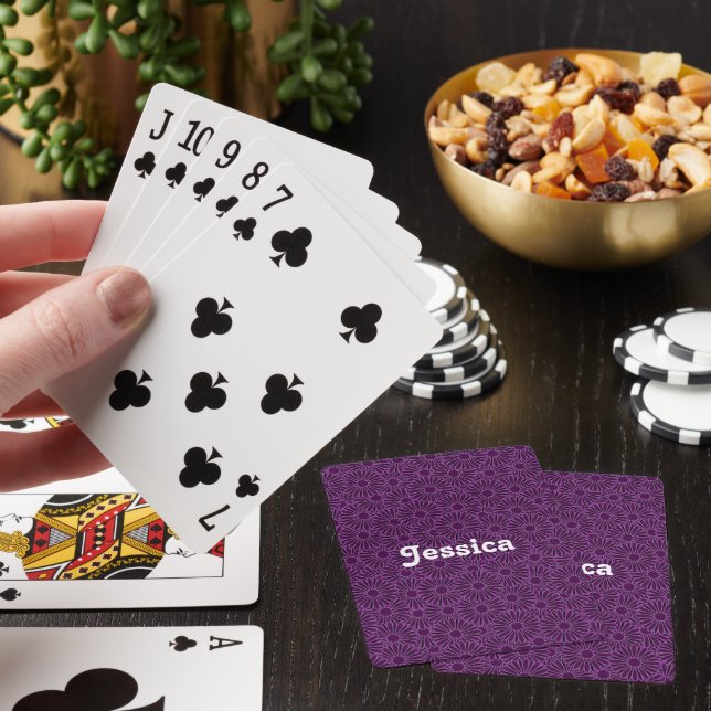 Custom name purple flowers on black playing cards (In Situ)