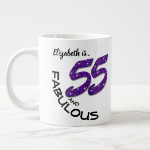 Custom Name Purple Glitter 55 Year-Old Birthday Large Coffee Mug