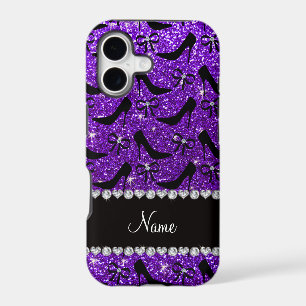 Custom name purple glitter black high heels bow