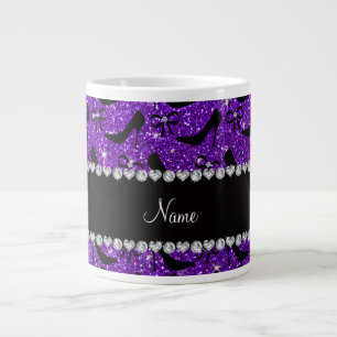 Custom name purple glitter black high heels bow large coffee mug