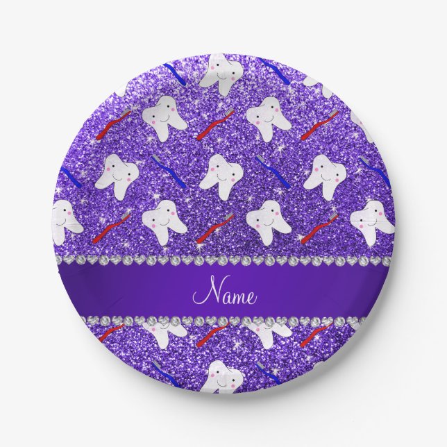 Custom name purple glitter brushes and tooth paper plate (Front)