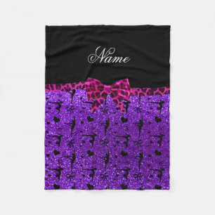 Custom name purple glitter gymnastics pink bow fleece blanket