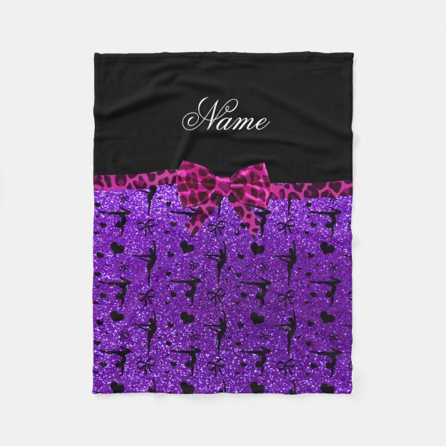 Custom name purple glitter gymnastics pink bow fleece blanket (Front)