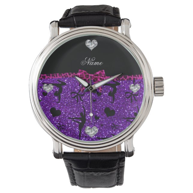 Custom name purple glitter gymnastics pink bow watch (Front)