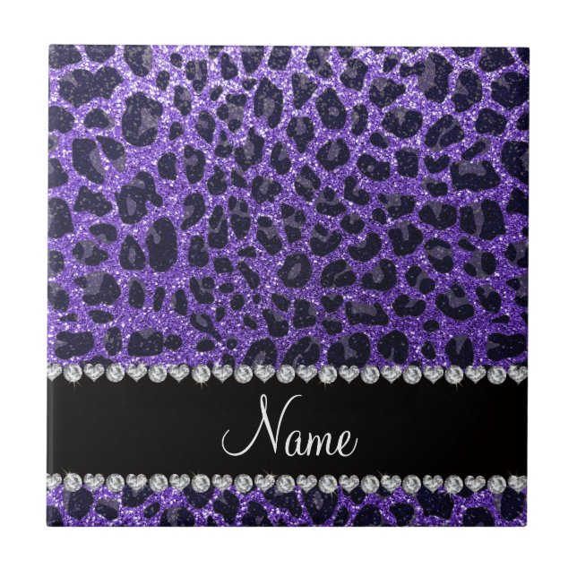 Custom name purple glitter leopard spots ceramic tile (Front)