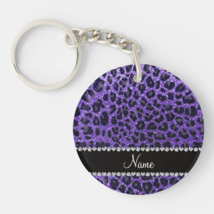 Custom name purple glitter leopard spots key ring