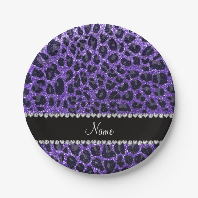 Custom name purple glitter leopard spots paper plate (Front)